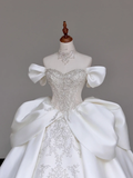 Classy Elegant Ball Gown Off The Shoulder Satin White Short Sleeves Wedding Dress Brides Dress HZ1214