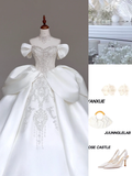 Classy Elegant Ball Gown Off The Shoulder Satin White Short Sleeves Wedding Dress Brides Dress HZ1214