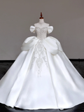 Classy Elegant Ball Gown Off The Shoulder Satin White Short Sleeves Wedding Dress Brides Dress HZ1214