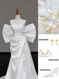 Unique Bridal Gown Mermaid Strapless White Satin Wedding Dresses One Shoulder Bridal Gowns HZ1214