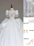 Classy Elegant Ball Gown Sweetheart White Short Sleeves Satin Wedding Dress Brides Dress HZ1214