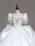 Classy Elegant Ball Gown Sweetheart White Short Sleeves Satin Wedding Dress Brides Dress HZ1214