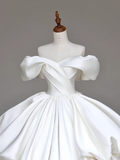 Classy Elegant Ball Gown Off The Shoulder White Short Sleeves Satin Wedding Dress Brides Dress HZ1214
