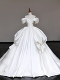 Classy Elegant Ball Gown Off The Shoulder White Short Sleeves Satin Wedding Dress Brides Dress HZ1214