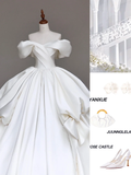 Classy Elegant Ball Gown Off The Shoulder White Short Sleeves Satin Wedding Dress Brides Dress HZ1214