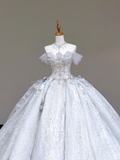 Classy Elegant Ball Gown Off The Shoulder Sequin White Short Sleeves Wedding Dress Brides Dress HZ1214