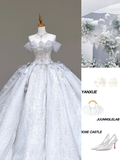 Classy Elegant Ball Gown Off The Shoulder Sequin White Short Sleeves Wedding Dress Brides Dress HZ1214