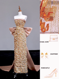 Gorgeous Sheath Strapless Sequin Gold Long Prom Dress Party Dress Graduation Dresses HZ1214