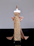 Gorgeous Sheath Strapless Sequin Gold Long Prom Dress Party Dress Graduation Dresses HZ1214