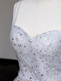 Gorgeous A Line Spaghetti Straps Sequin Silver Long Prom Dress Party Dress Graduation Dresses HZ1214