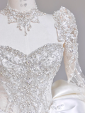 Unique Bridal Gown Ball Gown Sweetheart Long Sleeves White Sequin Wedding Dresses Bridal Gowns HZ1214