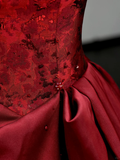 Gorgeous Ball Gown Off The Shoulder Burgundy Satin Long Prom Dresses Graduation Dresses HZ1214