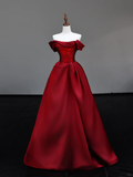 Gorgeous Ball Gown Off The Shoulder Burgundy Satin Long Prom Dresses Graduation Dresses HZ1214