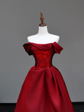 Gorgeous Ball Gown Off The Shoulder Burgundy Satin Long Prom Dresses Graduation Dresses HZ1214