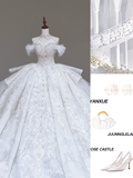 Unique Bridal Gown Ball Gown High Neckline White Sequin Wedding Dresses Bridal Gowns HZ1214