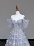 Gorgeous Ball Gown Off The Shoulder Silver Gray Sequin Long Prom Dresses Graduation Dresses HZ1214