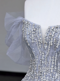 Gorgeous Ball Gown Off The Shoulder Silver Gray Sequin Long Prom Dresses Graduation Dresses HZ1214