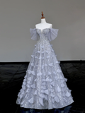 Gorgeous Ball Gown Off The Shoulder Silver Gray Sequin Long Prom Dresses Graduation Dresses HZ1214