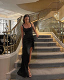 Classy Mermaid Square Neckline Black Tie Prom Dresses Satin Summer Wedding Guest Dresses Wedding Guest Outfits HZ1214