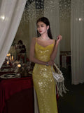 Classy Mermaid Spaghetti Straps Yellow Sequin Prom Dresses Summer Wedding Guest Dresses Wedding Guest Outfits HZ1214
