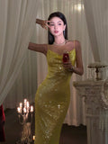 Classy Mermaid Spaghetti Straps Yellow Sequin Prom Dresses Summer Wedding Guest Dresses Wedding Guest Outfits HZ1214