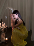 Classy Mermaid Spaghetti Straps Yellow Sequin Prom Dresses Summer Wedding Guest Dresses Wedding Guest Outfits HZ1214