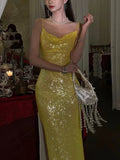 Classy Mermaid Spaghetti Straps Yellow Sequin Prom Dresses Summer Wedding Guest Dresses Wedding Guest Outfits HZ1214