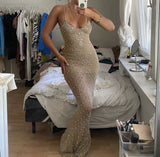 Classy Mermaid Spaghetti Straps Champagne Beads Prom Dresses Summer Wedding Guest Dresses Wedding Guest Outfits HZ1214