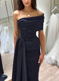 Classy Sheath Off The Shoulder Satin Navy Blue Prom Dresses Summer Wedding Guest Dresses Wedding Guest Outfits HZ1214