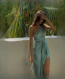 Classy Sheath One Shoulder Satin Blue Prom Dresses Summer Wedding Guest Dresses Wedding Guest Outfits HZ1214