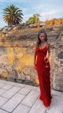 Classy A Line Spaghetti Straps Red Chiffon Prom Dresses Summer Wedding Guest Dresses Wedding Guest Outfits HZ1214