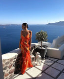 Classy Mermaid Spaghetti Straps Orange Chiffon Prom Dresses Summer Wedding Guest Dresses Wedding Guest Outfits HZ1214