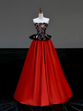 Gorgeous Ball Gown Strapless Red Satin Long Prom Dress Party Dress Graduation Dresses HZ1214