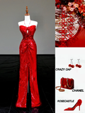 Gorgeous Sheath Sweetheart Sequin Red Slit Long Prom Dress Party Dress Graduation Dresses HZ1214