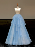 Stunning Ball Gown Strapless Blue Tulle Long Prom Dress Party Dress Graduation Dresses HZ1214