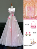 Stunning Ball Gown High Neckline Pink Sequin Long Prom Dress Party Dress Graduation Dresses HZ1214