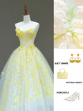 Stunning Ball Gown Sweetheart Yellow Tulle Floral Long Prom Dress Party Dress Graduation Dresses HZ1214