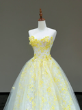 Stunning Ball Gown Sweetheart Yellow Tulle Floral Long Prom Dress Party Dress Graduation Dresses HZ1214