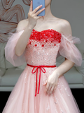 Gorgeous A line Off The Shoulder Pink Tulle Long Prom Dress Party Dress Graduation Dresses HZ1214