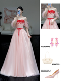 Gorgeous A line Off The Shoulder Pink Tulle Long Prom Dress Party Dress Graduation Dresses HZ1214