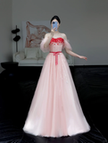 Gorgeous A line Off The Shoulder Pink Tulle Long Prom Dress Party Dress Graduation Dresses HZ1214