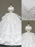 Classy Elegant Ball Gown Off The Shoulder Sequin White Short Sleeves Wedding Dress Winter Brides Dress HZ1214