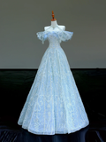 Gorgeous A line Off The Shoulder Blue Sequin Long Prom Dress Party Dress Graduation Dresses HZ1214