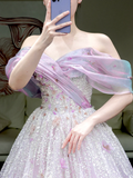 Gorgeous A line Off The Shoulder Lilac Sequin Long Prom Dress Party Dress Graduation Dresses HZ1214