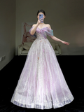 Gorgeous A line Off The Shoulder Lilac Sequin Long Prom Dress Party Dress Graduation Dresses HZ1214