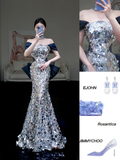 Pretty Mermaid Off The Shoulder Gray Sequin Long Prom Dress Party Dress Graduation Dresses HZ1214