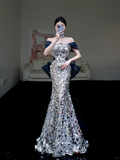 Pretty Mermaid Off The Shoulder Gray Sequin Long Prom Dress Party Dress Graduation Dresses HZ1214