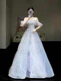 Elegant Glamour Ball Gown Blue Sequin Tulle Long Prom Dress Party Dress Evening Dresses HZ1214