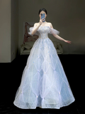 Elegant Glamour Ball Gown Blue Sequin Tulle Long Prom Dress Party Dress Evening Dresses HZ1214