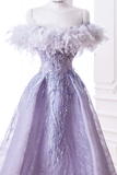 Elegant Glamour Ball Gown Off The Shoulder Lilac Feathers Prom Dress Party Dress Evening Dresses HZ1214